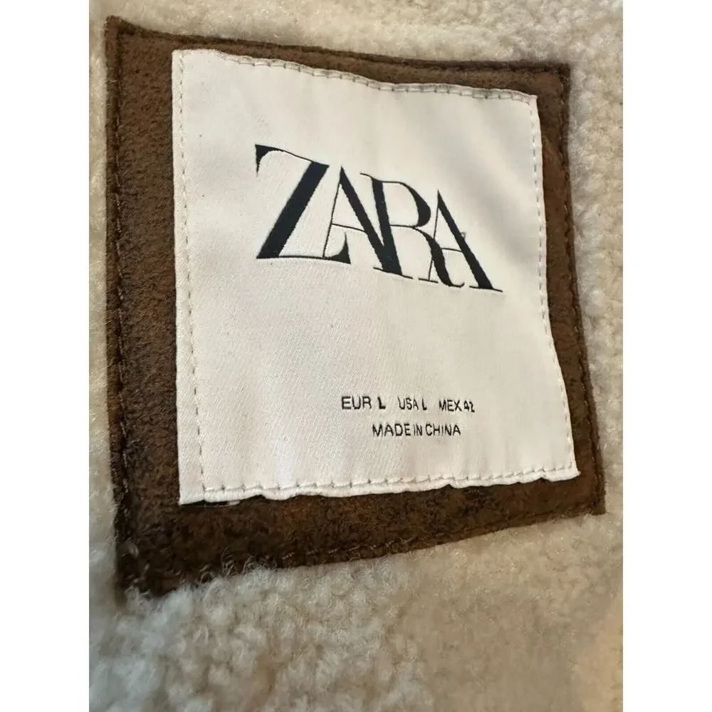 Zara Faux Leather Sherpa Lined Aviator Style Contrast Double Collar Jacket Large - Picture 11 of 13